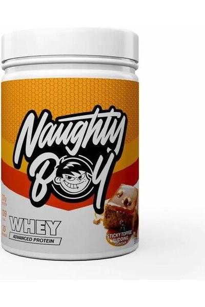 Naughty Boy Advanced Whey protein powder container with sticky toffee flavor, high protein and low calories for muscle growth.