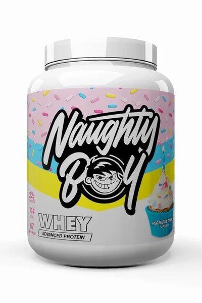 NaughtyBoy Advanced Whey protein powder tub with colorful design and 22g protein per serving for muscle growth.