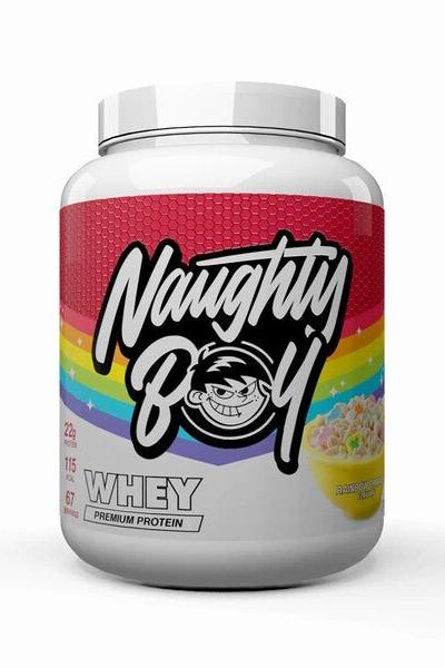 Naughty Boy Advanced Whey protein powder container showcasing 22g protein per serving and vibrant packaging.