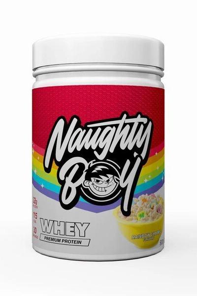 Naughty Boy Advanced Whey protein container showcasing vibrant packaging and high protein content for muscle growth.