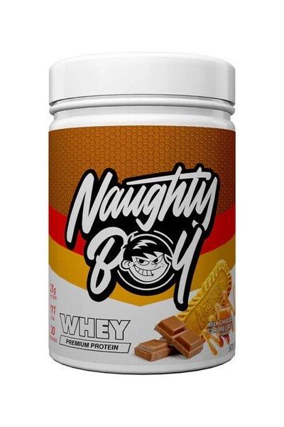 Naughty Boy Advanced Whey protein powder container with vibrant branding and chocolate illustrations.