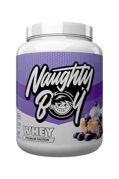 Naughty Boy Advanced Whey protein powder container with 22g protein per serving in a sleek design.