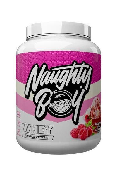 Naughty Boy Advanced Whey protein powder tub with raspberry ice cream flavor, 22g protein per serving.