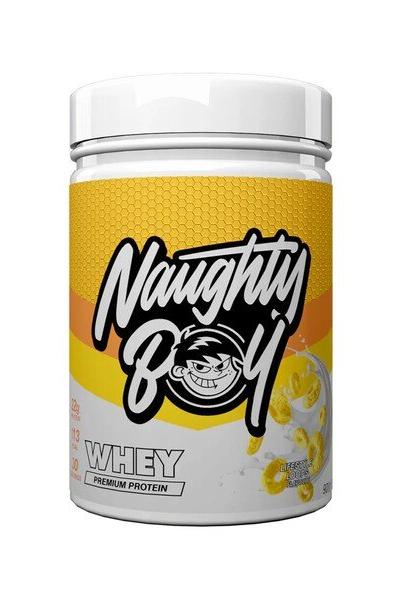 Naughty Boy Advanced Whey protein tub with bright yellow and white design, featuring premium protein label.