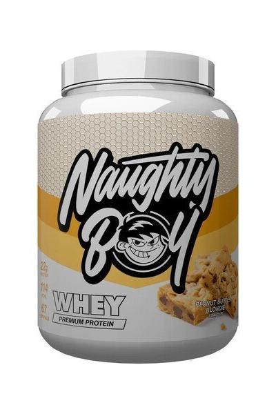 Naughty Boy Advanced Whey protein powder, 22g protein per serving, peanut butter flavor, low fat, high-quality muscle support.