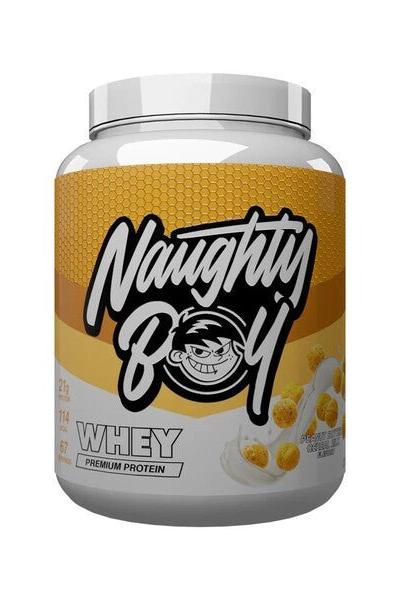 Naughty Boy Advanced Whey protein powder container with vibrant yellow design and nutritional information.