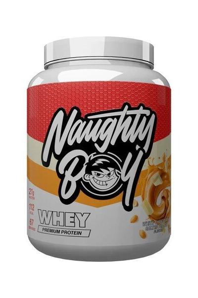 Naughty Boy Advanced Whey protein powder container showcasing premium quality and high protein content.