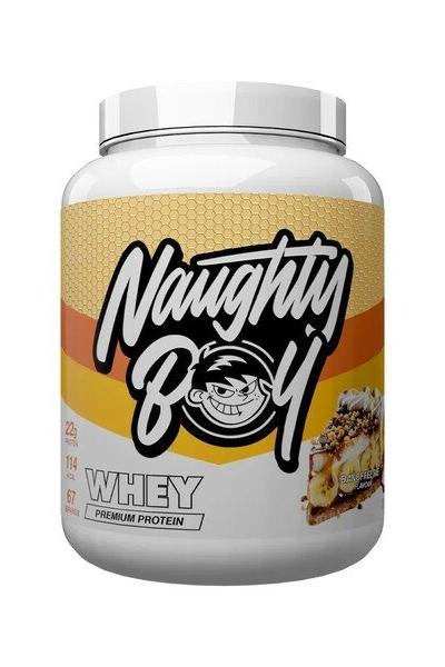 Naughty Boy Advanced Whey protein powder container with 22g protein, low fat, and delicious flavor.