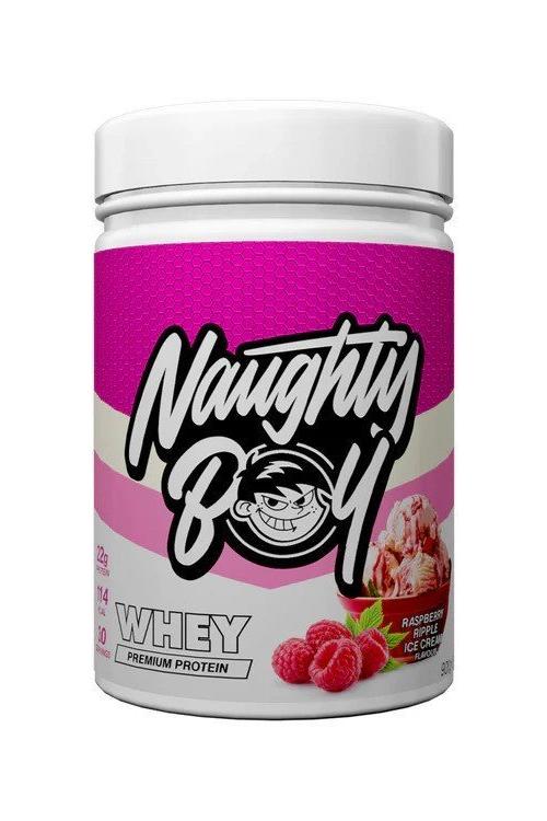 Naughty Boy Advanced Whey protein powder in Raspberry Ice Cream flavor, featuring high protein content and low calories.