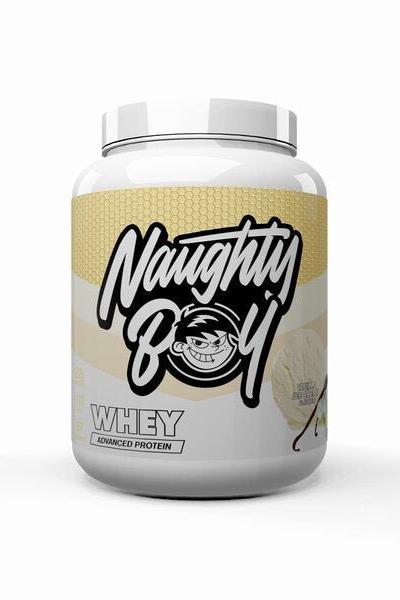 Naughty Boy Advanced Whey protein tub with bold branding and honeycomb design, rich in protein for muscle growth.