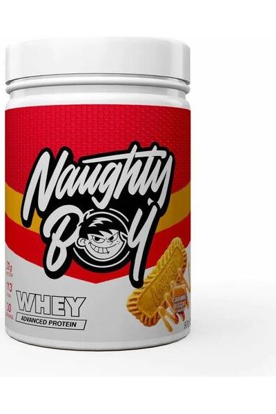 Naughty Boy Advanced Whey protein powder container showcasing vibrant packaging and flavor details.
