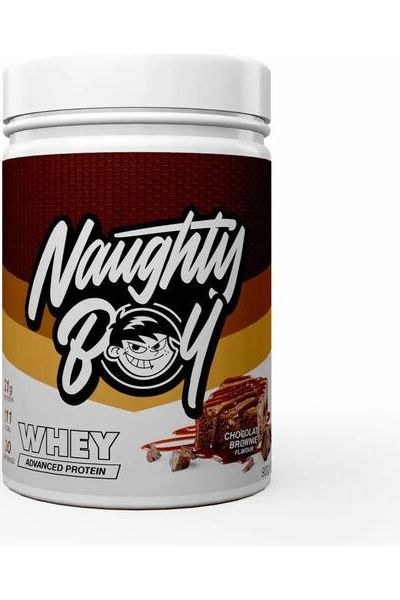 Naughty Boy Advanced Whey protein tub with chocolate brownie flavor, 22g protein per serving, low in fat and sugar.
