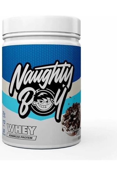 Naughty Boy Advanced Whey protein tub with vibrant blue design, emphasizing high protein content and great taste.