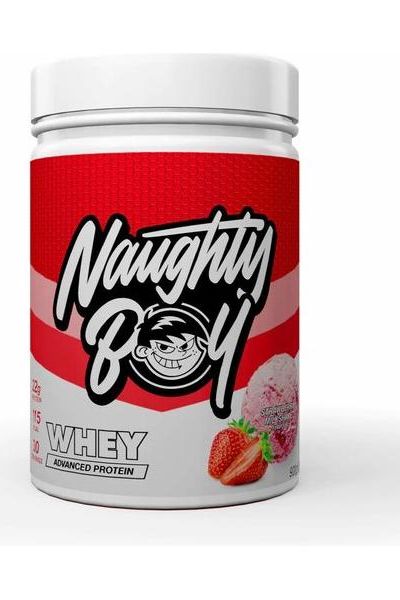 Naughty Boy Advanced Whey protein tub featuring high protein content, low fat, and exceptional flavor.