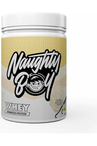 Naughty Boy Advanced Whey protein powder container with a stylish design for muscle growth support.