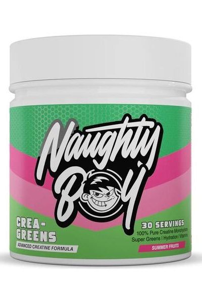 Naughty Boy Crea-Greens supplement jar featuring advanced creatine formula with summer fruits flavor.