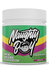 Naughty Boy Crea-Greens supplement container, passion fruit flavor, 30 servings, advanced creatine formula.