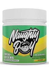 Naughty Boy Crea-Greens powdered supplement in Iced Mango flavor, featuring advanced creatine formula and super greens.