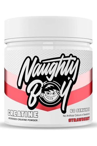 Naughty Boy micronized creatine powder in strawberry flavor, offering 60 servings to boost endurance and strength.