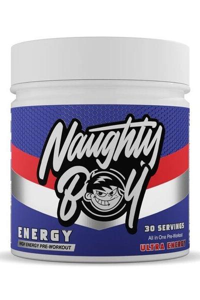 Naughty Boy ENERGY pre-workout supplement container with 30 servings for enhanced workout performance.