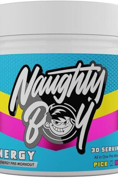 Naughty Boy ENERGY pre-workout powder container, designed for increased performance and focus during workouts.