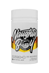 Naughty Boy Gluco-B dietary supplement bottle with 60 capsules for improved glucose control and health benefits.