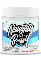 Naughty Boy Hydramind supplement jar with strawberry mango flavor for hydration and cognitive support.