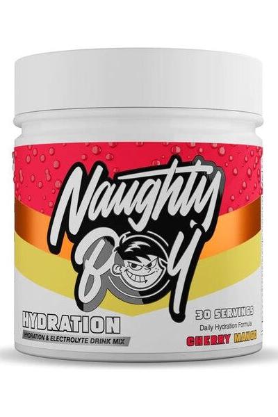 Naughty Boy Hydration cherry mango electrolyte drink mix, 30 servings, zero calories, refreshing formula.
