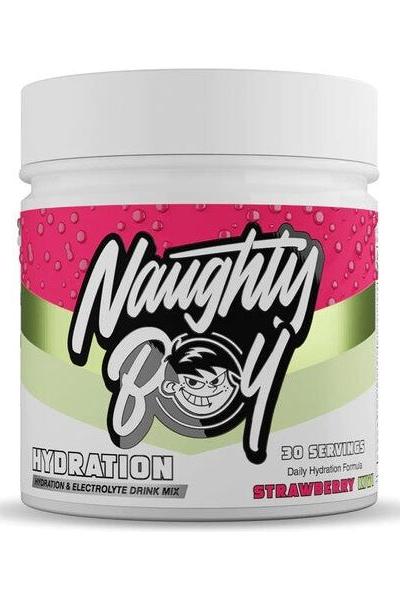 Naughty Boy Hydration strawberry electrolyte drink mix, 30 servings, sugar-free and zero calories.