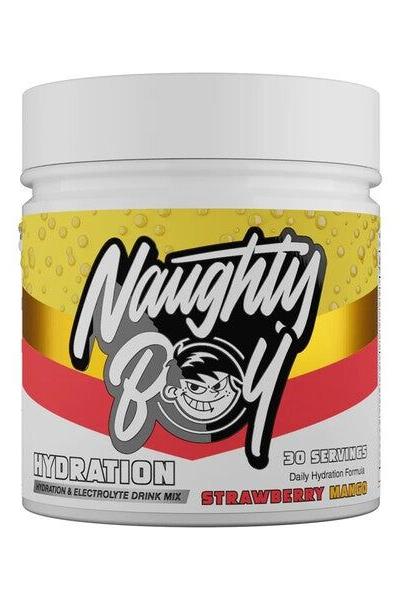 Naughty Boy Hydration drink mix container, strawberry mango flavor, 30 servings, sugar-free, electrolytes.