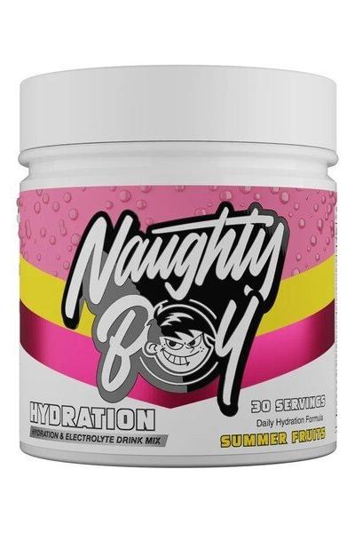 Naughty Boy Hydration drink mix in a summer fruits flavor, 30 servings, electrolyte formula for hydration.