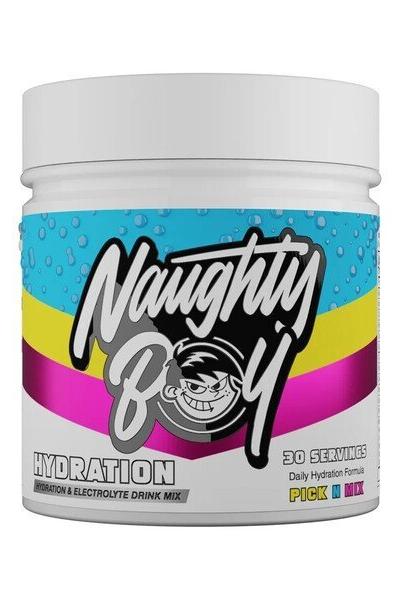 Naughty Boy Hydration drink mix container with blue and colorful design, 30 servings for optimal hydration.