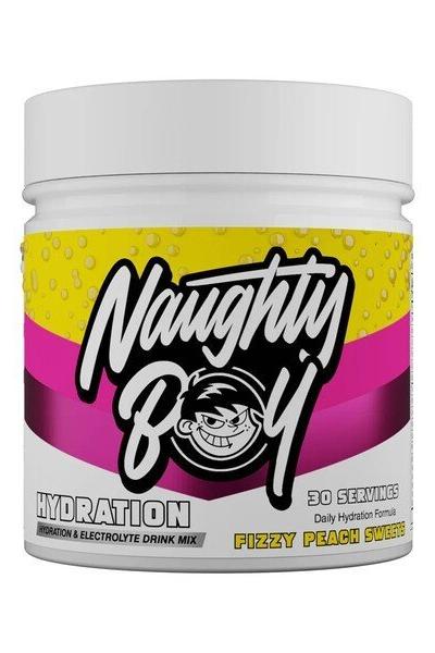 Naughty Boy Hydration Fizzy Peach flavor drink mix container for daily hydration and electrolytes.