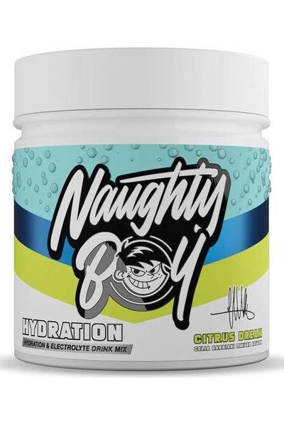 Naughty Boy Hydration Citrus Dream flavor, sugar-free electrolyte drink mix in a sleek container.