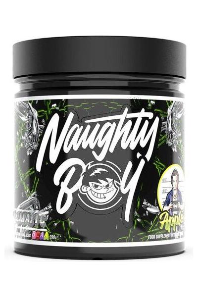 Naughty Boy Illmatic BCAA supplement jar with apple flavor, featuring vibrant design and key benefits.