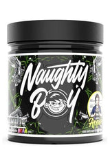 Naughty Boy Illmatic BCAA supplement jar with apple flavor, featuring vibrant design and key benefits.