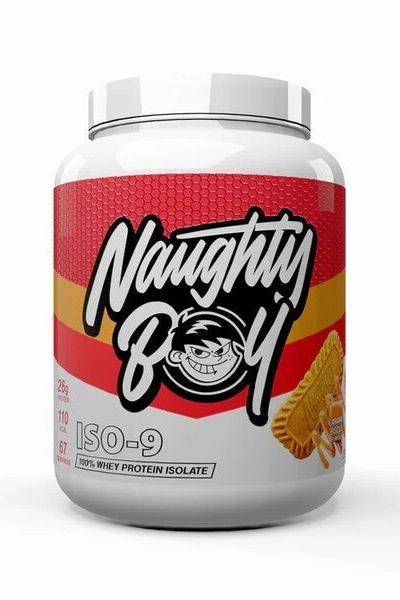 Naughty Boy ISO-9 whey protein isolate tub showcasing high purity and excellent flavor.