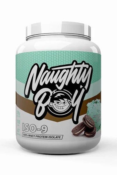 Naughty Boy ISO-9 protein powder, 100% whey protein isolate with mint chocolate flavor.