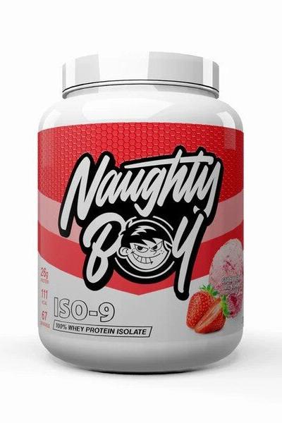 Naughty Boy ISO-9 100% whey protein isolate container with strawberry design, showcasing high purity and low calorie content.