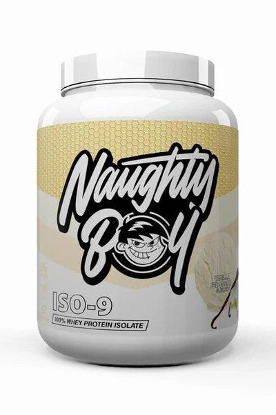 Naughty Boy ISO-9 protein powder container, 100% whey protein isolate with high purity and excellent taste.