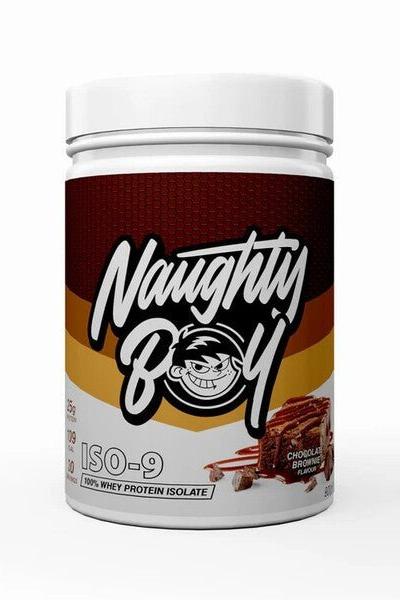 Naughty Boy ISO-9 whey protein isolate jar featuring chocolate brownie flavor and bold branding.