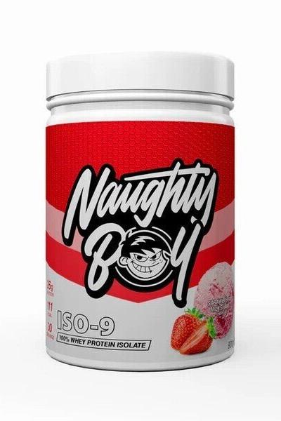 Naughty Boy ISO-9 100% whey protein isolate powder in a red container with strawberry flavor.