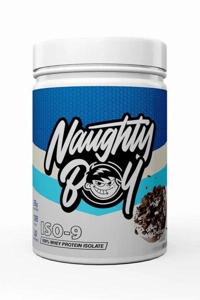 Naughty Boy ISO-9 protein powder container with blue design, featuring 100% whey protein isolate.