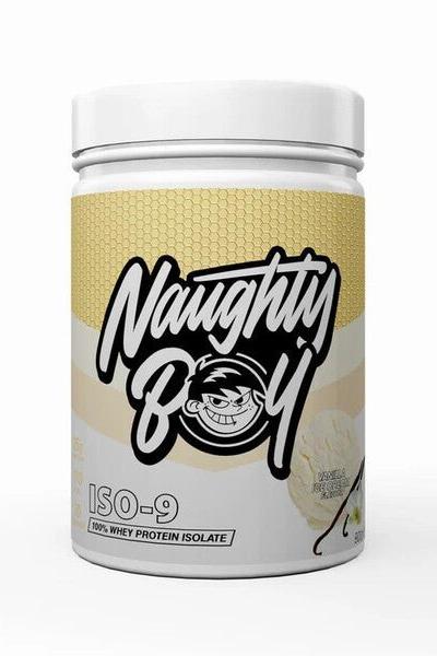 Naughty Boy ISO-9 protein powder jar featuring 100% whey protein isolate for high purity and optimal digestion.