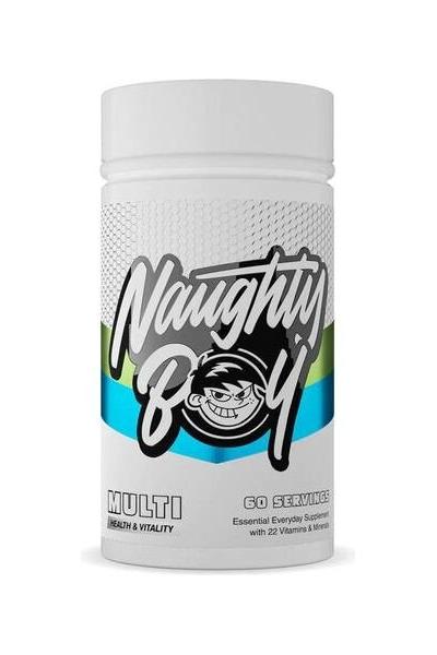 Naughty Boy Multi supplement bottle with 60 servings, offering 22 essential vitamins and minerals for health.