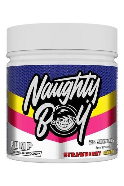 Naughty Boy PUMP supplement tub with Strawberry Mango flavor, designed to enhance workout performance and muscle pump.