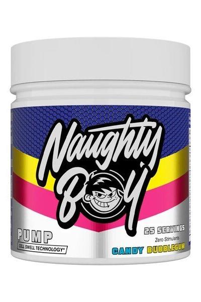 Naughty Boy PUMP candy bubblegum flavor supplement with CELL SWELL TECHNOLOGY for enhanced muscle pump.