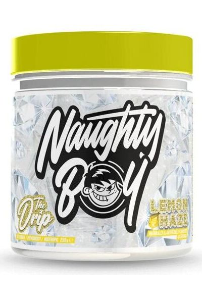 Naughty Boy The Drip supplement jar with Lemon Haz flavor, promoting energy and focus.