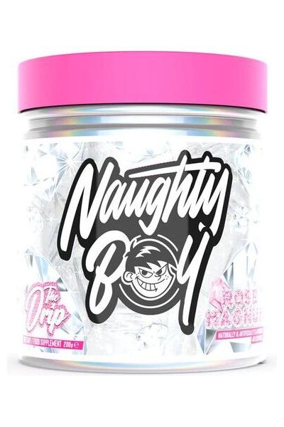 Naughty Boy - The Drip energy supplement jar with logo and pink lid, designed for focus and fat burning.