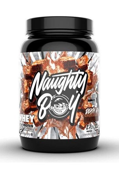 Naughty Boy Whey 100 protein powder tub with chocolate flavor and branding.